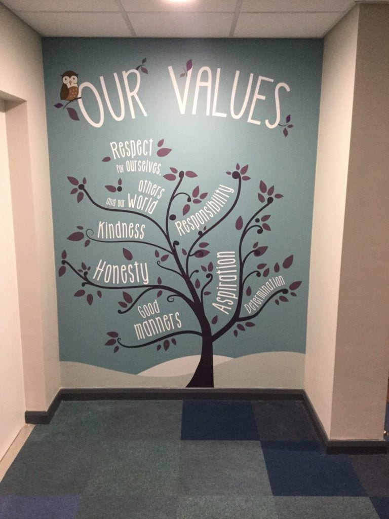 A values graphic wall design for a Primary School in London